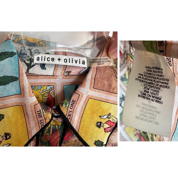 Alice + Olivia Tarot Card Alfie Silk Blouse Collared Top Mystical Print Shirt XS - Picture 4 of 14